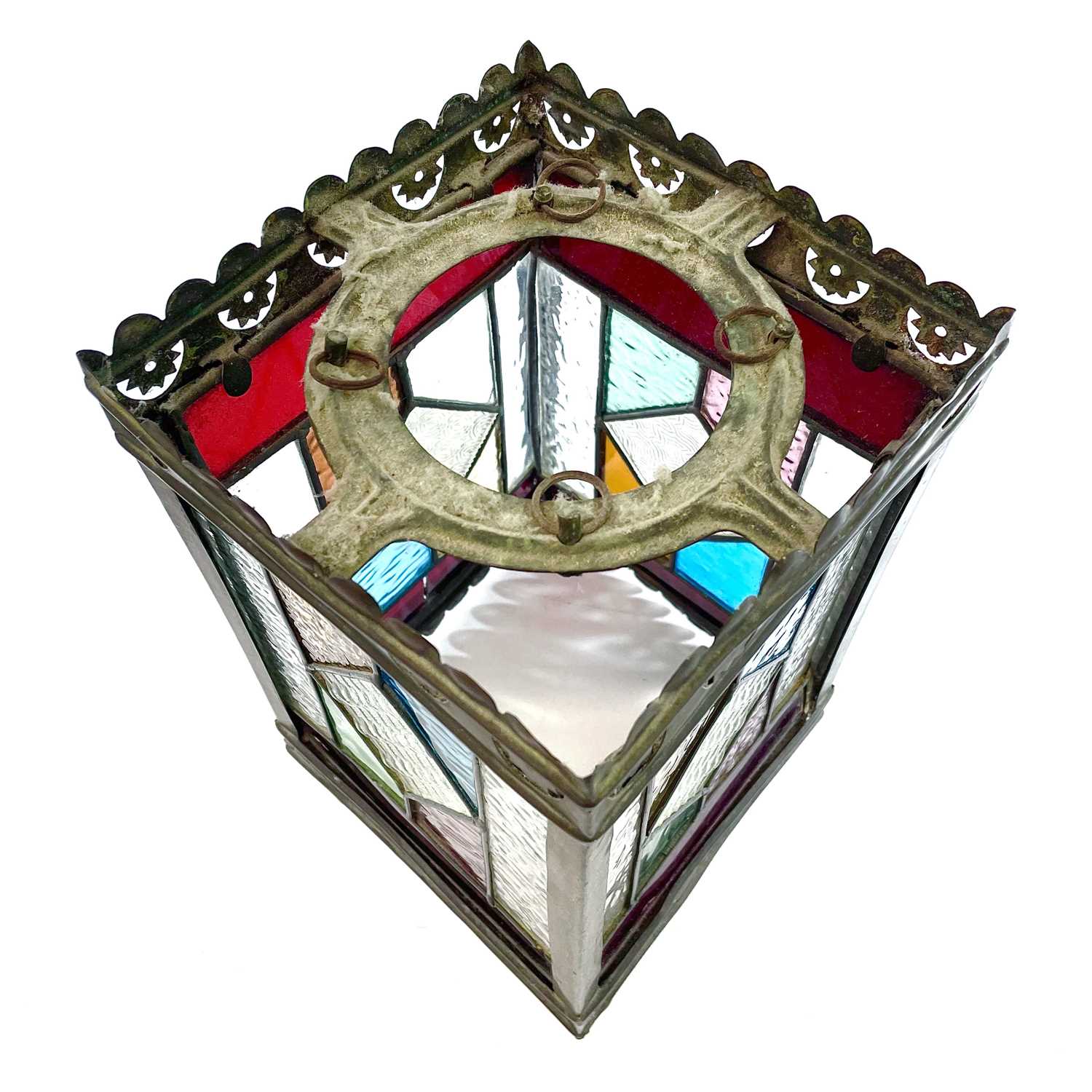 A Victorian stained glass and brass hanging lantern. - Image 2 of 3