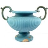 A French painted terracotta garden urn, 20th century, with twin handles, indistinct impressed