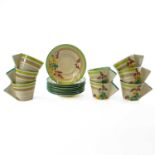 Clarice Cliff, green Hydrangea, a set of eight cups and saucers, the cups with slightly indented