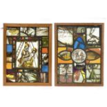 A 17th century stained glass panel, centering a roundel with two women in an interior, also with a