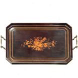 A 19th century mahogany and satinwood banded tray, with raised moulded border and gilt handles,