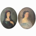 A pair of 19th century Continental portraits of ladies, one wearing a pearl triple strand