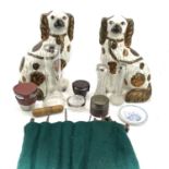 Pair of Staffordshire copper lustre Spaniels together with a blue and white miniature pearlware