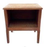 Judith Hughes, An oak open bedside table, circa 1930, raised on square chamfered legs, monogrammed