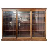 An Edwardian walnut bookcase, with triple glazed doors enclosing adjustable shelves on a plinth