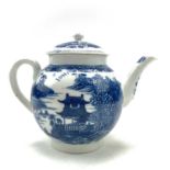 A blue and white teapot and cover, probably Worcester, circa 1770, printed with pavillions and