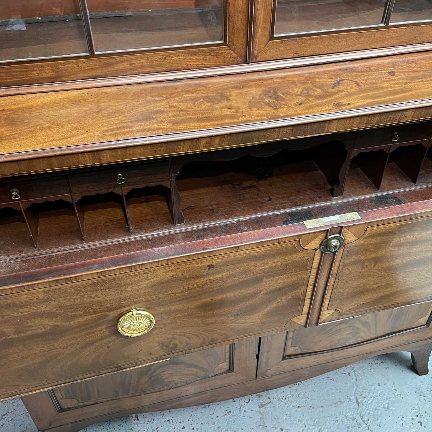 A George III mahogany and satinwood banded secretaire bookcase, with arcaded frieze, above two - Image 6 of 14