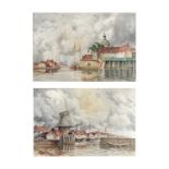 Louis Van Staaten Dutch riverside town scenes A pair of watercolours, each signed, 39X59cm, framed