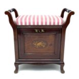 An Edwardian mahogany and inlaid piano stool, with padded seat and turned side rails, drop-down