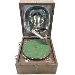 A Decca Junior wind-up portable gramophone, with integral speaker to the lid and Decca soundbox,