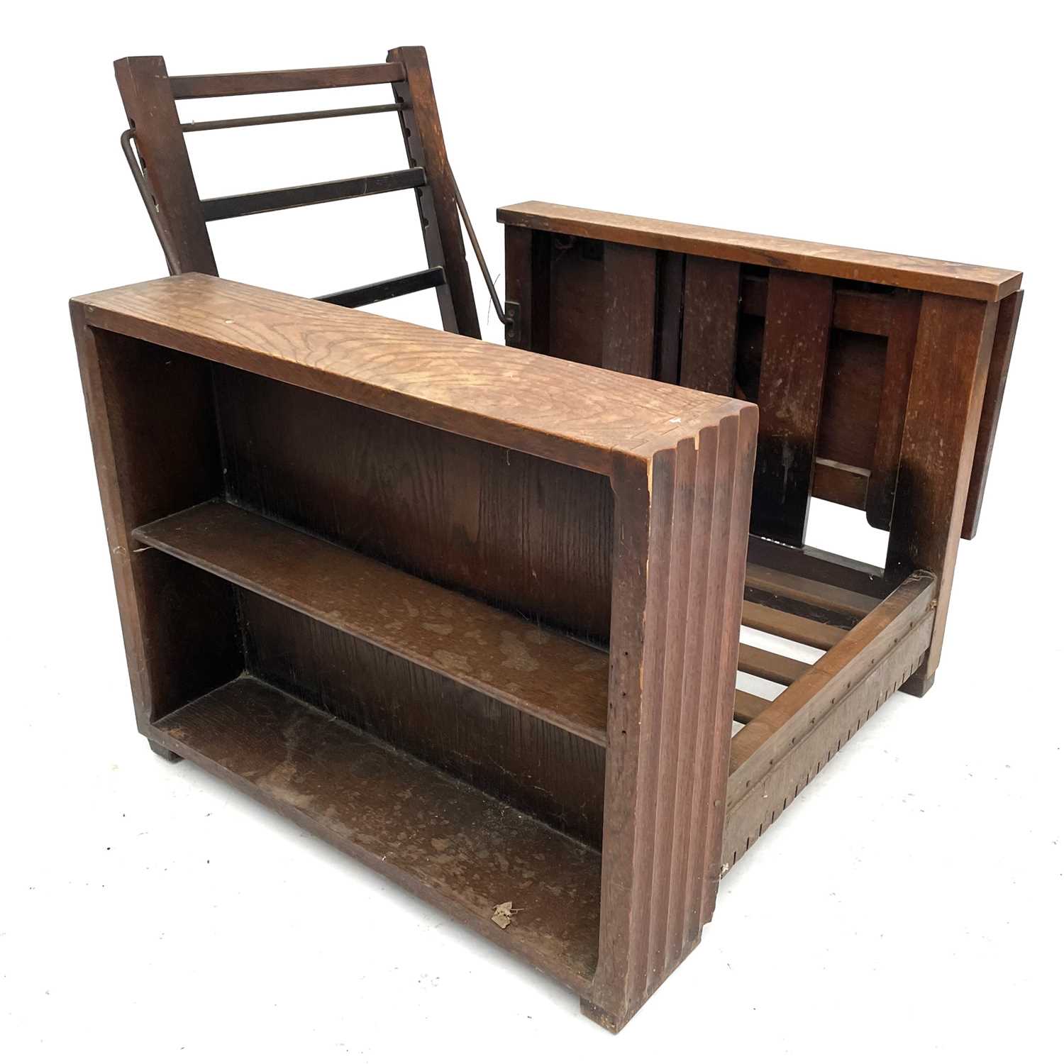 A Heals style oak reclining bookcase chair, with a drop leaf side, height 72cm, width 75cm, depth - Image 5 of 5