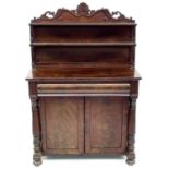 A William IV mahogany chiffonier, the raised back fitted two shelves above a long frieze drawer