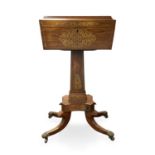 A Regency rosewood and brass inlaid teapoy, with sarcophagus shaped top enclosing four lidded