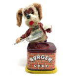 A Japanese tinplate, fabric and plastic automaton toy titled 'Burger Chef', battery operated, height