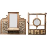 An Arts and Crafts oak hall mirror, with sunflower carved decoration and a single shelf, height