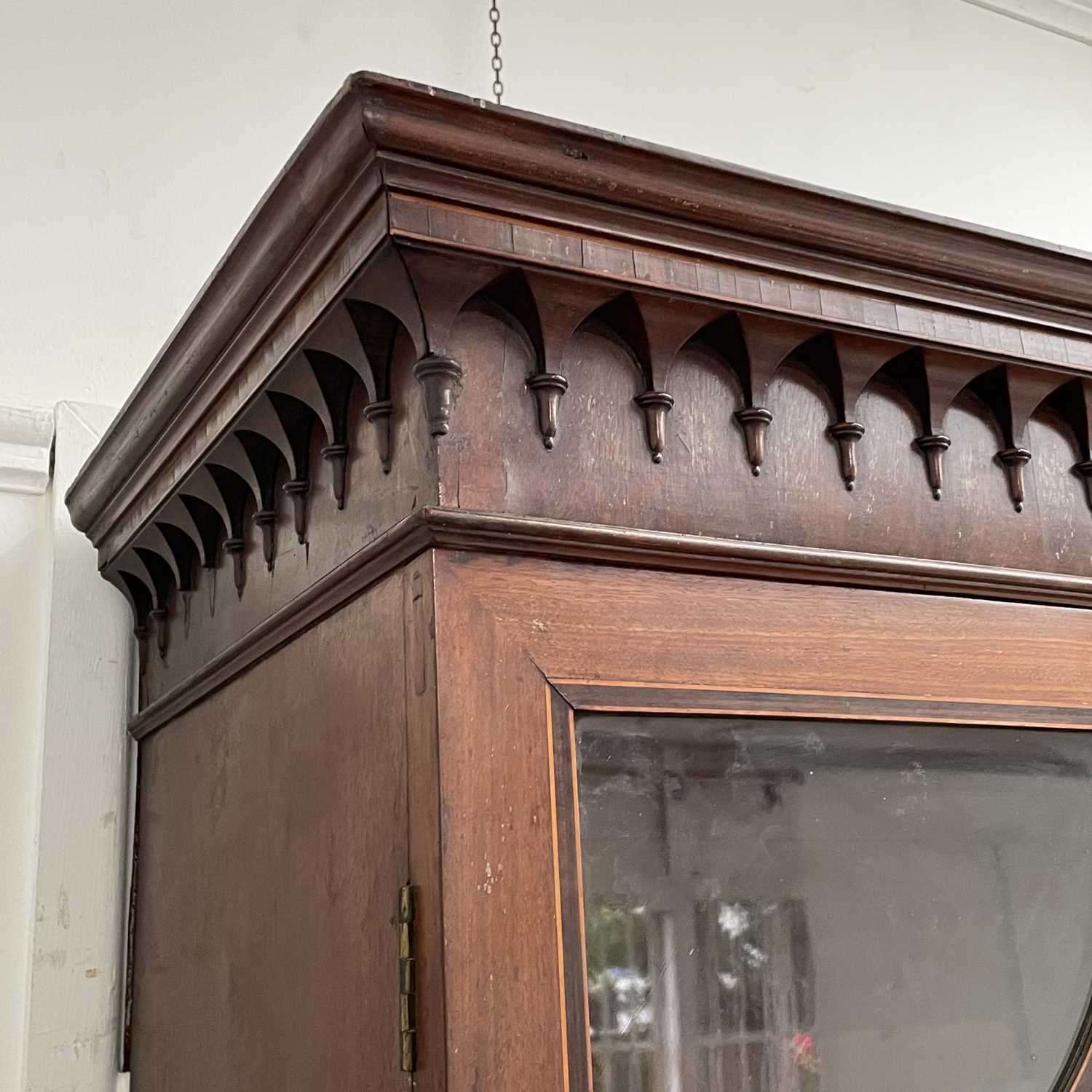 A George III mahogany and satinwood banded secretaire bookcase, with arcaded frieze, above two - Image 9 of 14