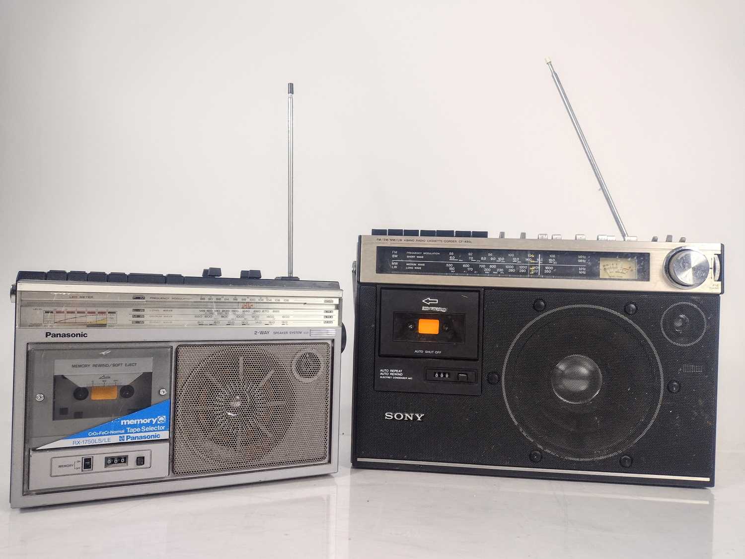 A Sony CF-495L stereo boombox with 8" subwoofer and a Panasonic RX-1750LE.