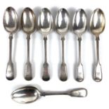 A Victorian silver set of seven fiddle and thread pattern table spoons by George Jackson & David