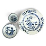 A Chinese blue and white porcelain Nanking Cargo tea bowl saucer and plate, 18th century.