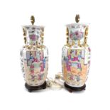 A pair of Chinese Canton porcelain vases, converted to table lamps, 20th century,