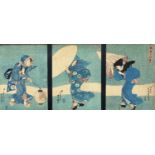 A Japanese triptych print on fabric depicting geisha, circa 1900.