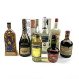 A mixed assortment of bottled spirits.