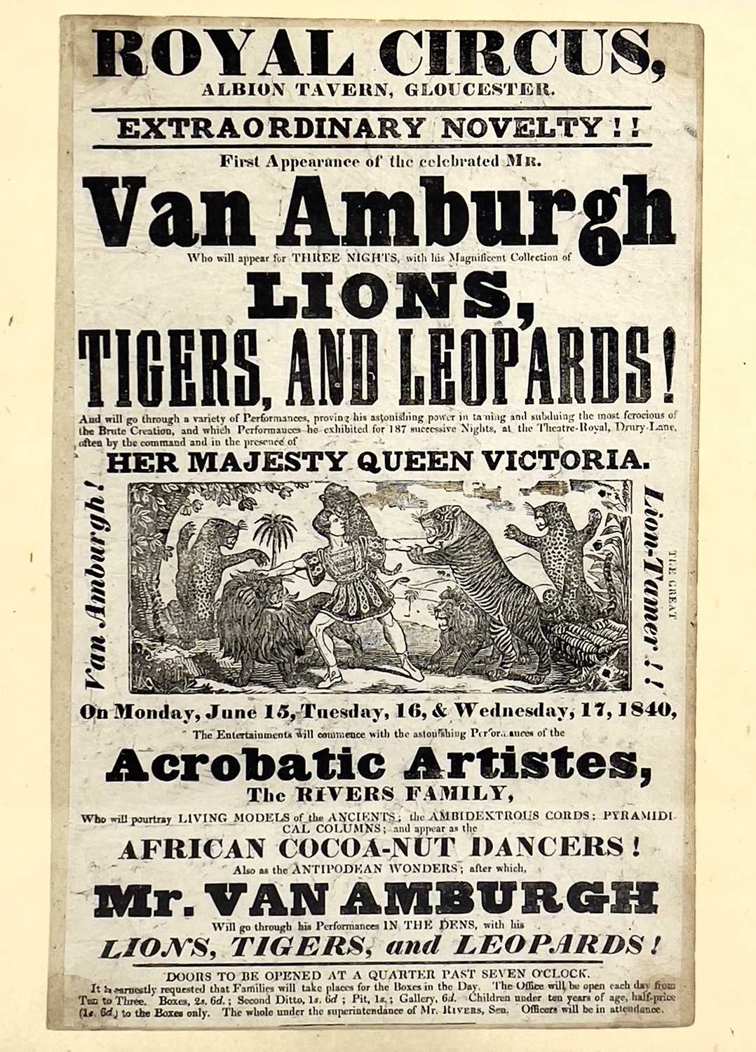 A rare early Victorian circus advertising poster or flyer Mr Van Amburgh the Great Lion-Tamer.