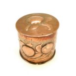 A Newlyn copper cylindrical tea caddy and cover.