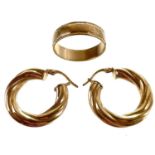 A 9ct band ring and a pair of 9ct hollow hoop earrings.