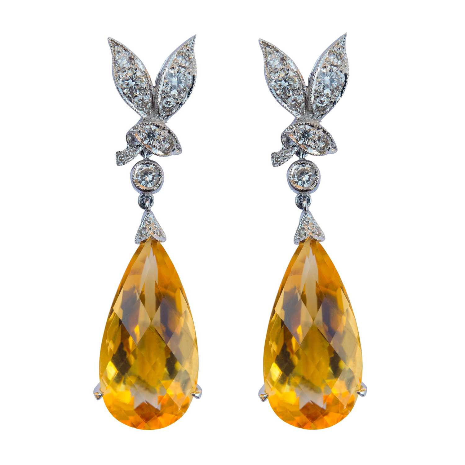 A pair of 18ct white gold, citrine and diamond drop earrings.
