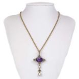 An Edwardian gold amethyst and pearl set pendant.