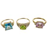 Three contemporary 9ct hallmarked gold gem and diamond set rings.