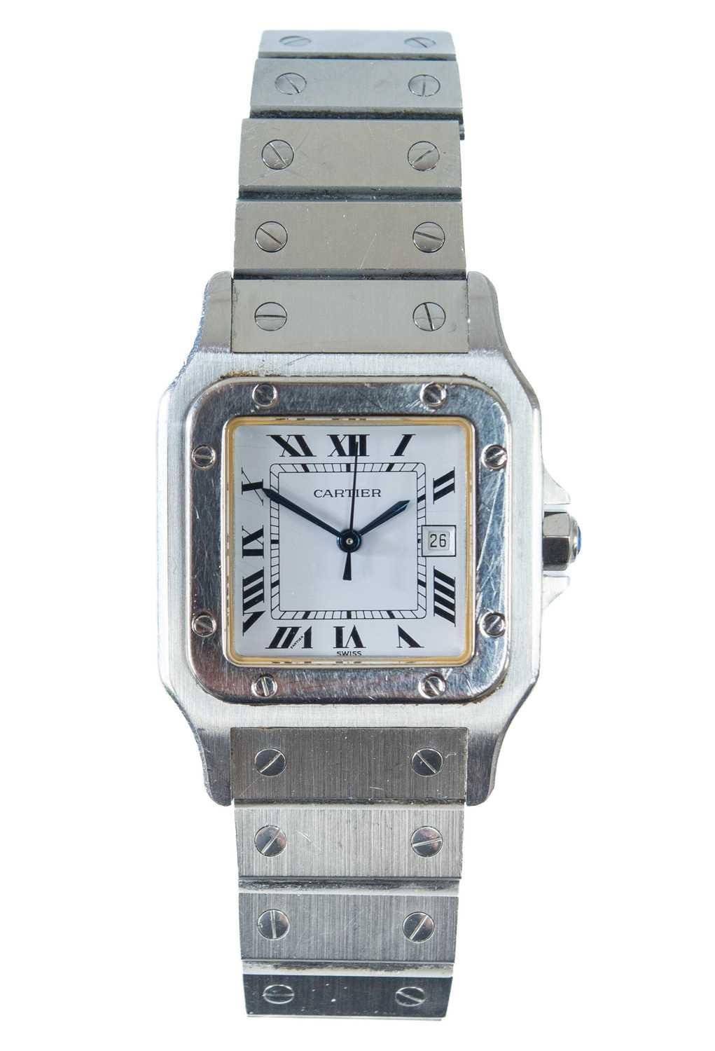 A Cartier Santos stainless steel gentleman's automatic bracelet wristwatch.
