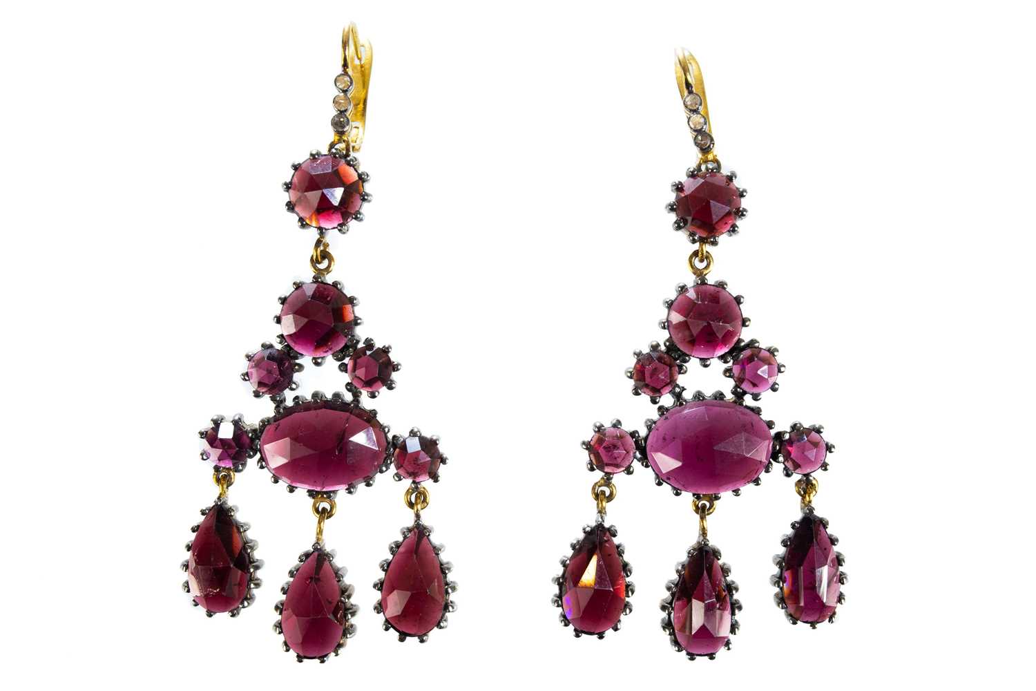 A pair of Georgian style gold garnet and diamond set girandole earrings.