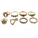 Eight various 9ct gold stone set rings.