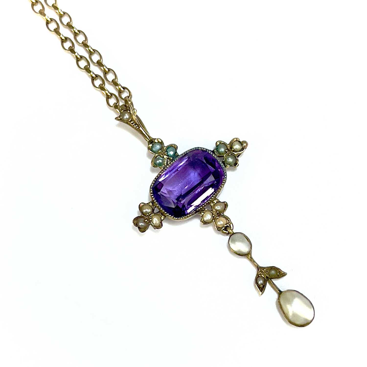 An Edwardian gold amethyst and pearl set pendant. - Image 5 of 9