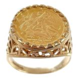 A 9ct signet ring set with an Isle of Mann 1/20 ounce Angel 22ct coin.