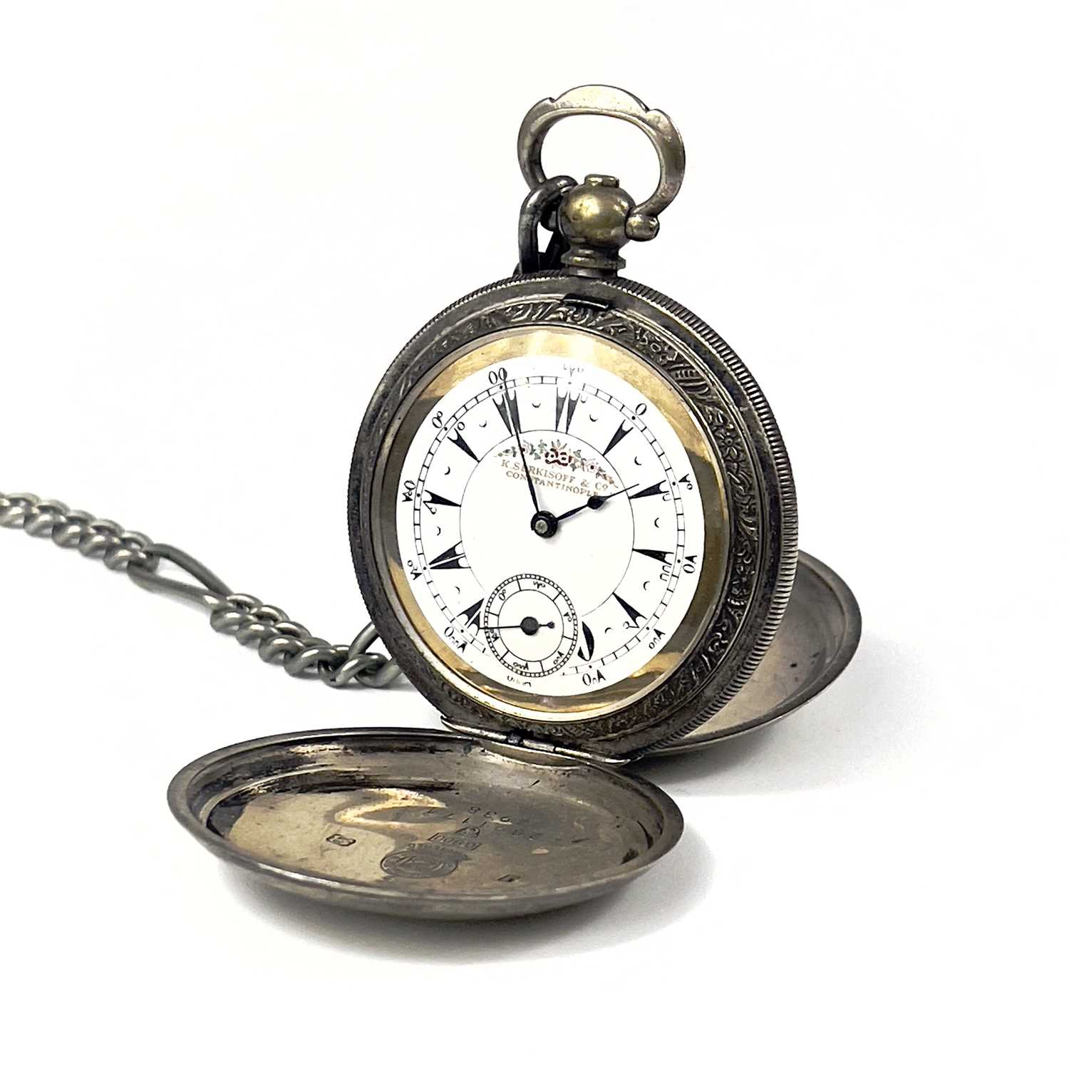 A Turkish .800 silver cased full hunter key wind pocket watch by Billodes. - Image 8 of 13