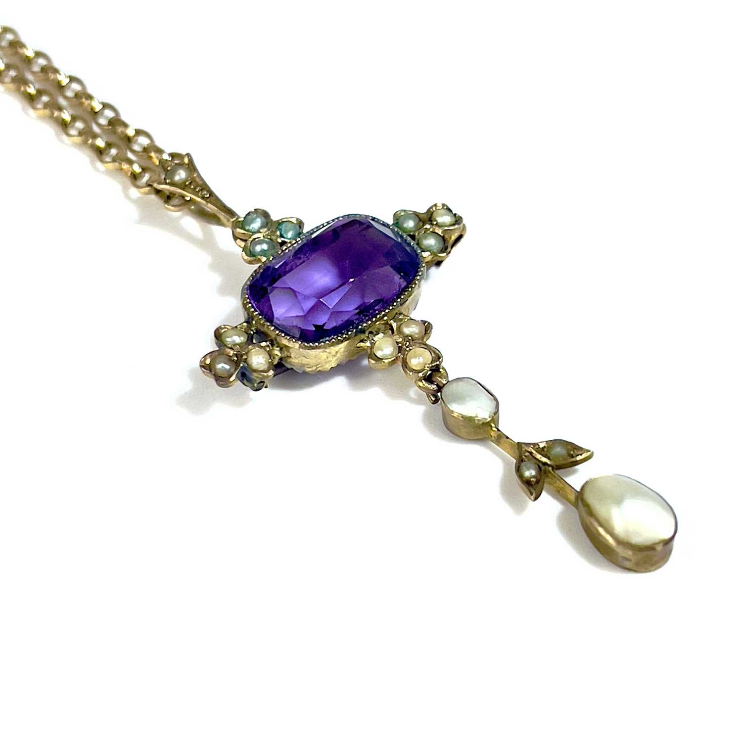 An Edwardian gold amethyst and pearl set pendant. - Image 3 of 9