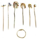 Five various gold stick pins.