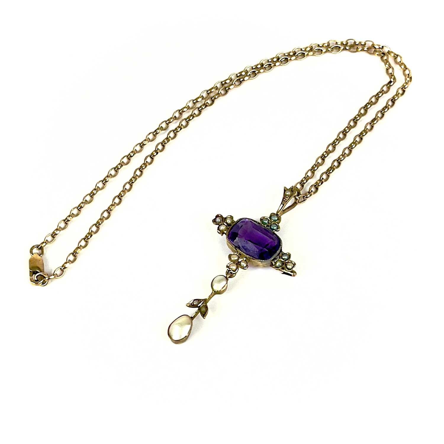 An Edwardian gold amethyst and pearl set pendant. - Image 7 of 9