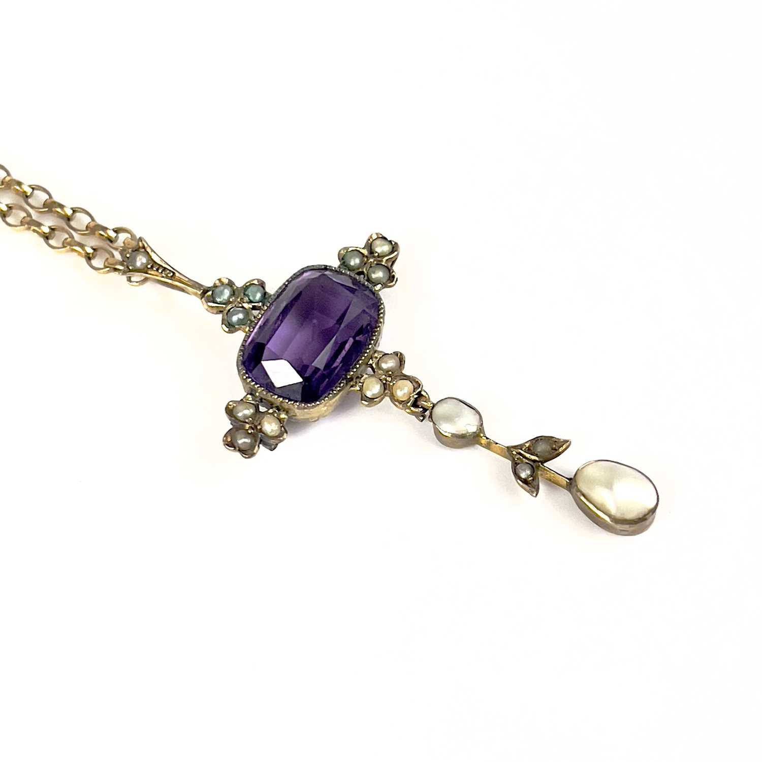 An Edwardian gold amethyst and pearl set pendant. - Image 6 of 9