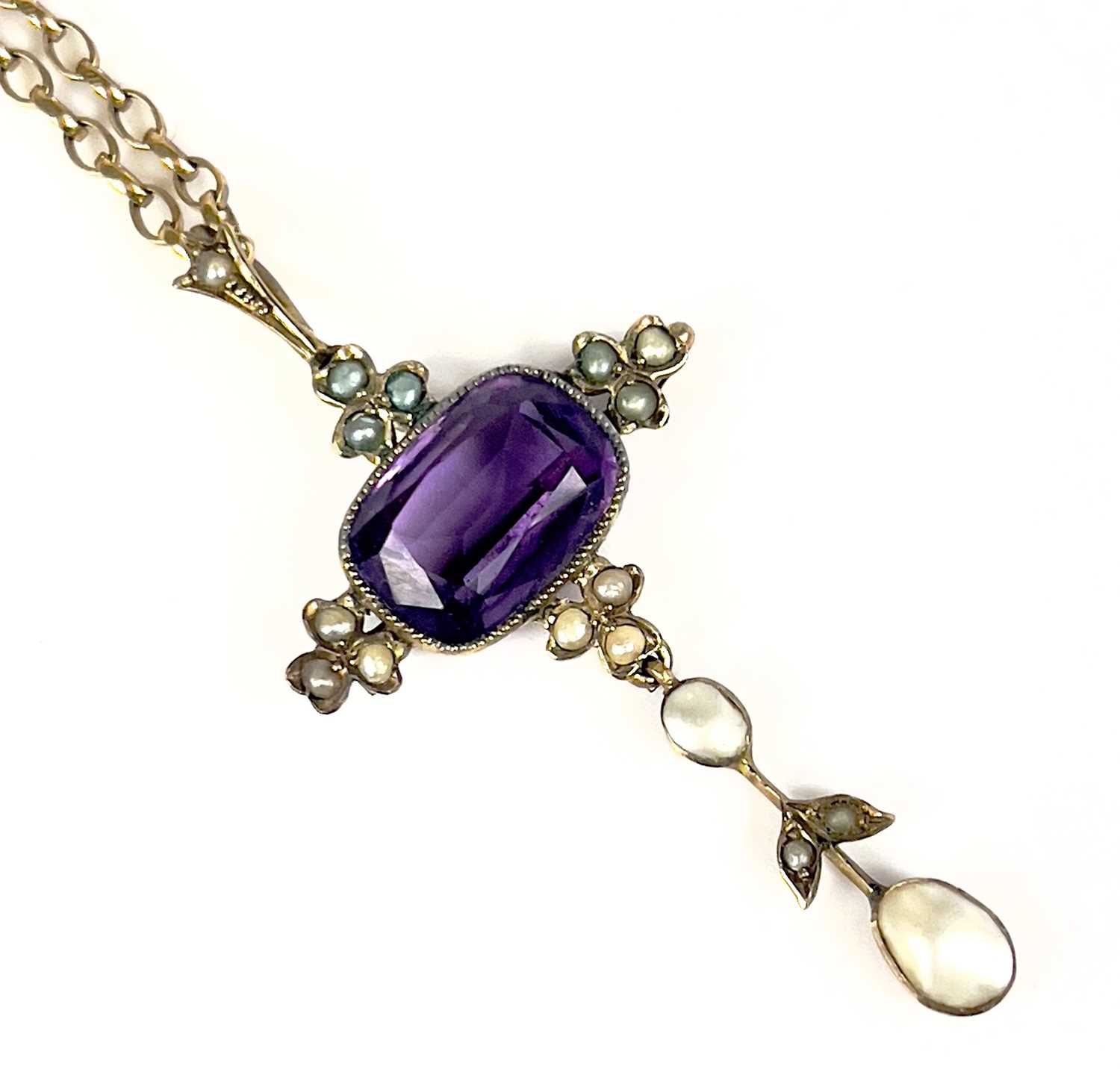 An Edwardian gold amethyst and pearl set pendant. - Image 8 of 9