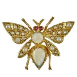 A modern 9ct hallmarked gold opal, pearl and ruby set Bee brooch.