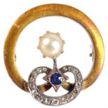 A late 19th or early 20th century high purity rose gold diamond, pearl and sapphire set brooch.