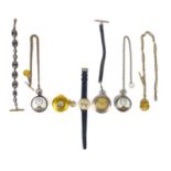 Four various pocket watches, an Ingersol automatic wristwatch and four watch chains.