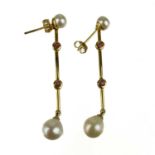 Links Of London - a pair of 18ct cultured pearl and pink tourmaline set pendant earrings.