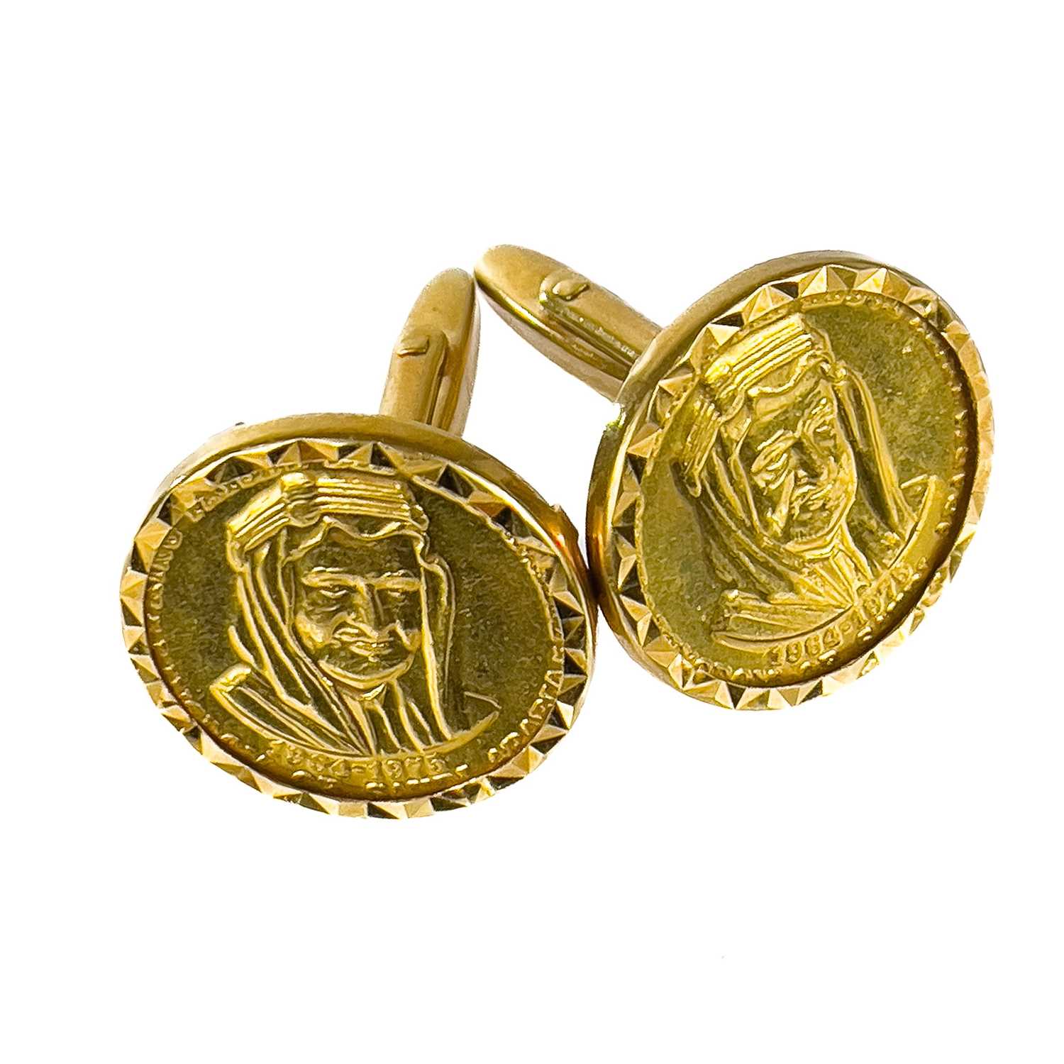 A pair of 22ct gold Saudi Arabia King Faisal commemorative medals set into 18ct cuff links.