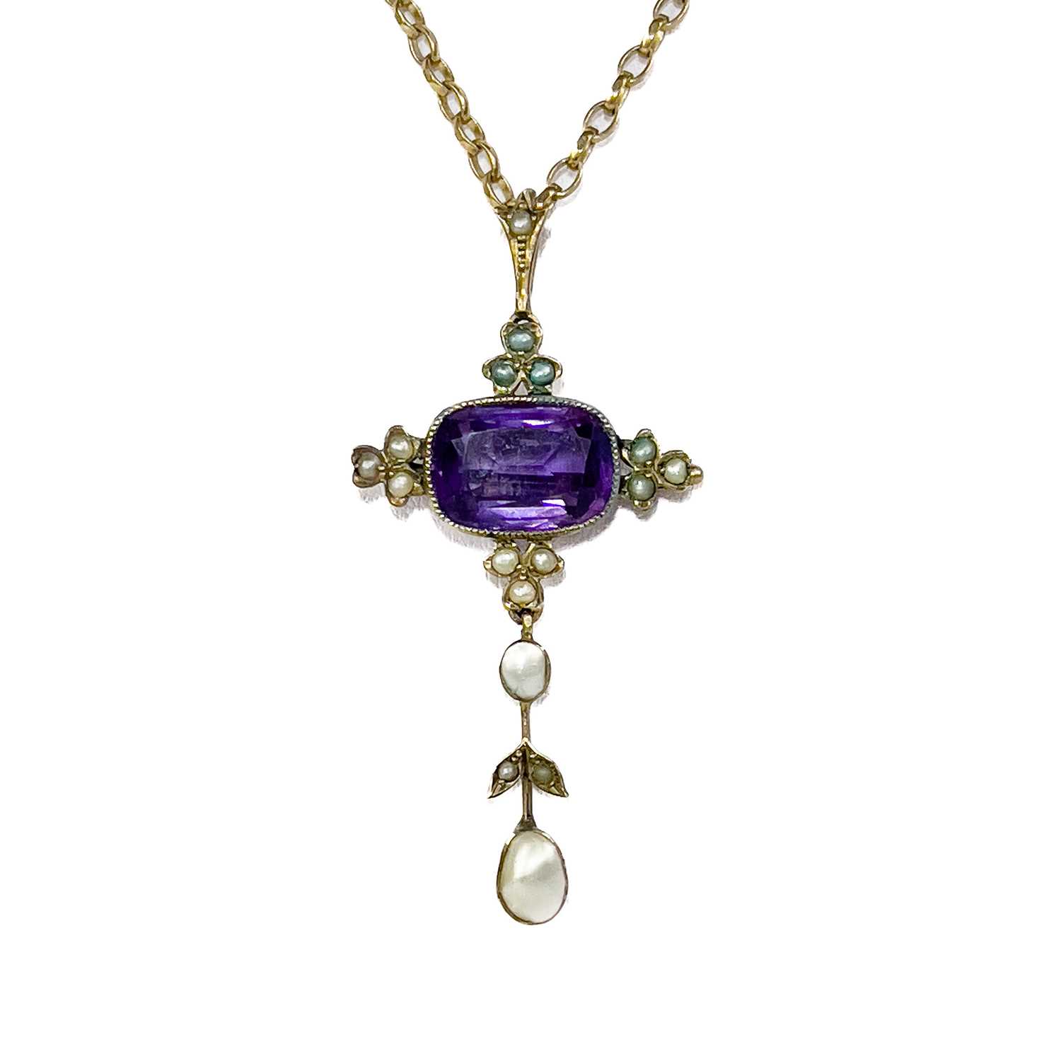 An Edwardian gold amethyst and pearl set pendant. - Image 2 of 9