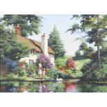 Alan King, oil on canvas signed and dated 1988, "Daily Visitor" figures before a thatched cottage,